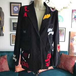 MUY MUY size M Black Pinstripe Funky Girl Gang Patch Embellished Blazer NWOT